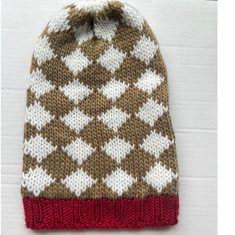 Liz Claiborne Argyle Knit Beanie‎ Hat Brown White Red  Acrylic Outdoor NWT